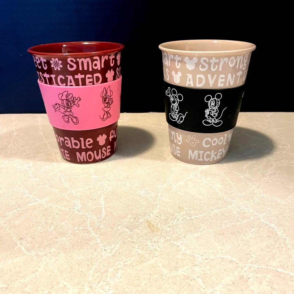 Disney Mickey Mouse and Minnie Mouse tumbler cups  beige and burgundy pink cup